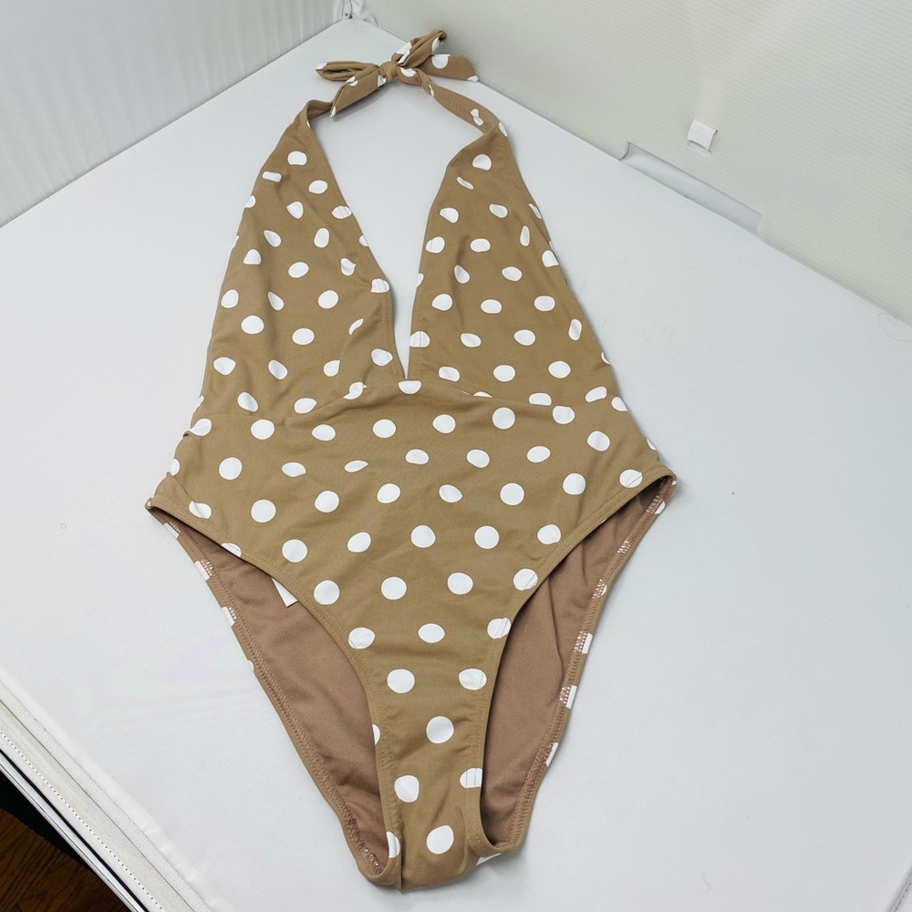 Summerland**Taupe & White Polka Dot Halterneck Swimsuit**Sm.,Med $120